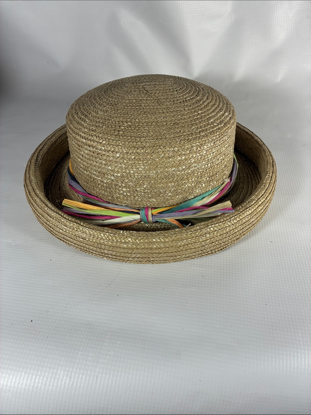 Liz Claiborne Natural Straw Boater Hat with Multicolor Ribbon